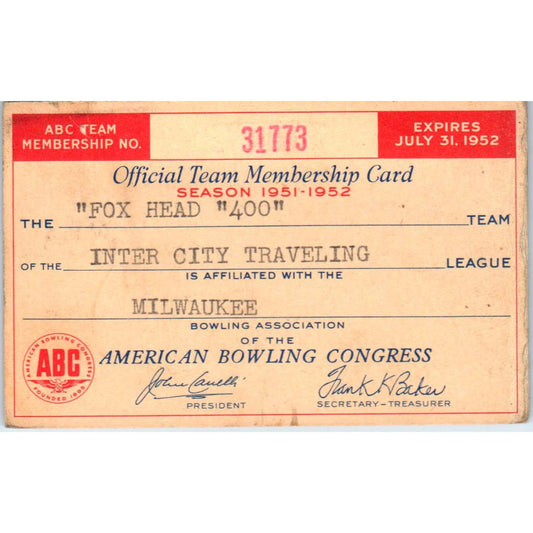 1953 American Bowling Congress Milwaukee Membership Card National Minor SE5-50