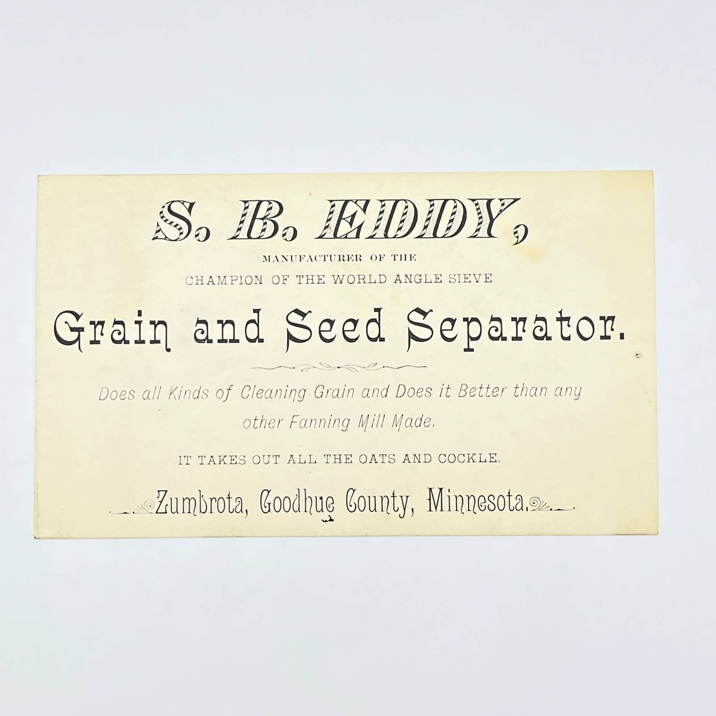 c1900 Trade Card S.B. Eddy Grain & Seed Separator Zumbrota Goodhue County MN AC2