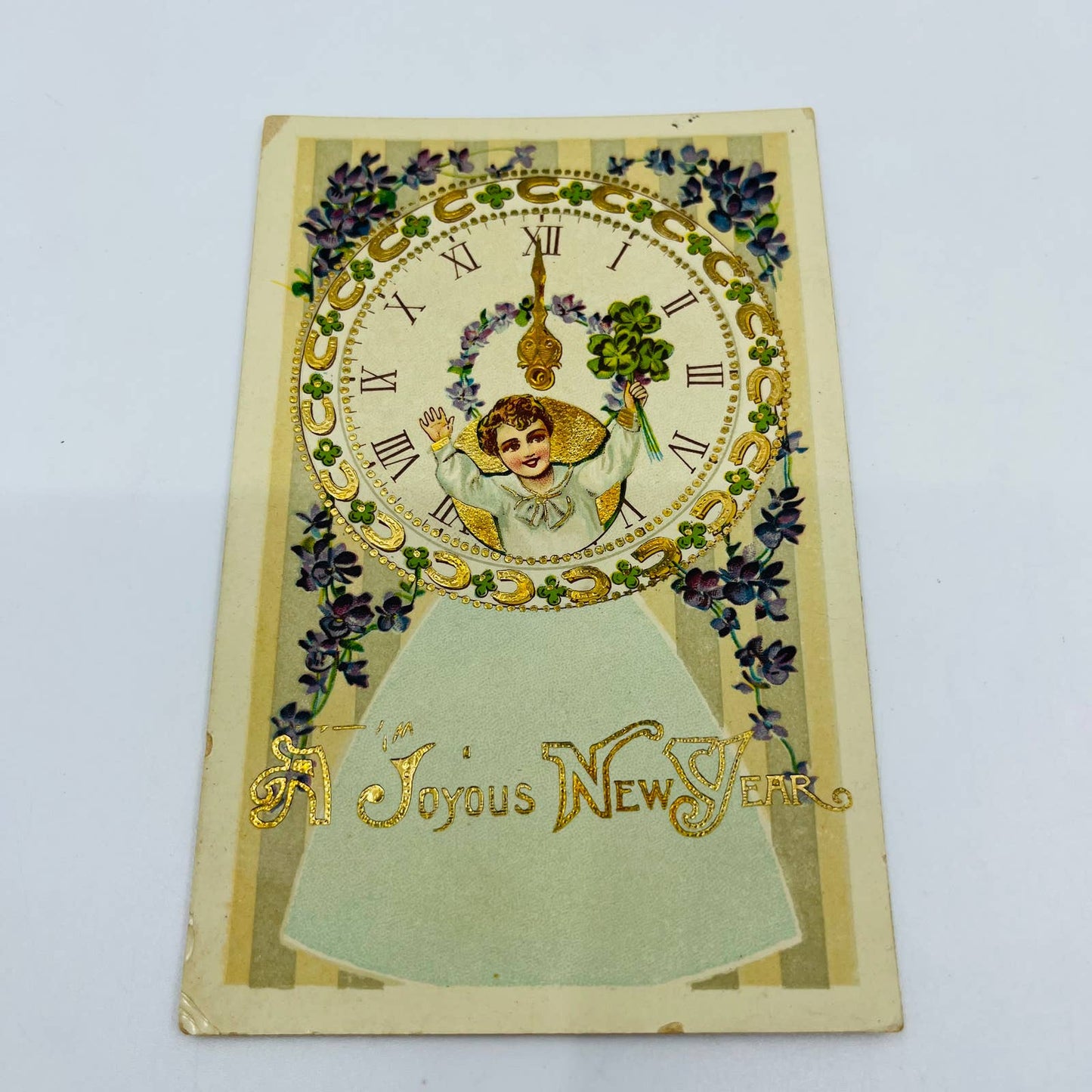 1910s Christmas New Year’s Post Card Embossed Dresden Gilt Horseshoes Clock PA3