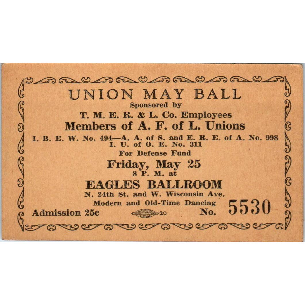 1930s Union May Ball Invitation Card A.F. of L. Unions Milwaukee WI SE5