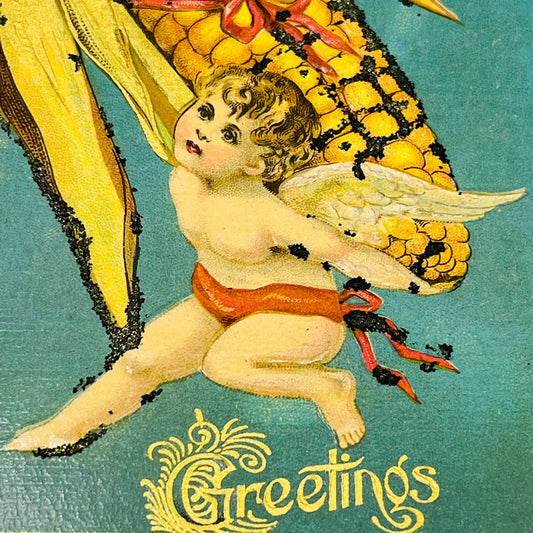 1910s Thanksgiving Post Card Corn Cob Cherub Mica Dresden Gilt Embossed PA3