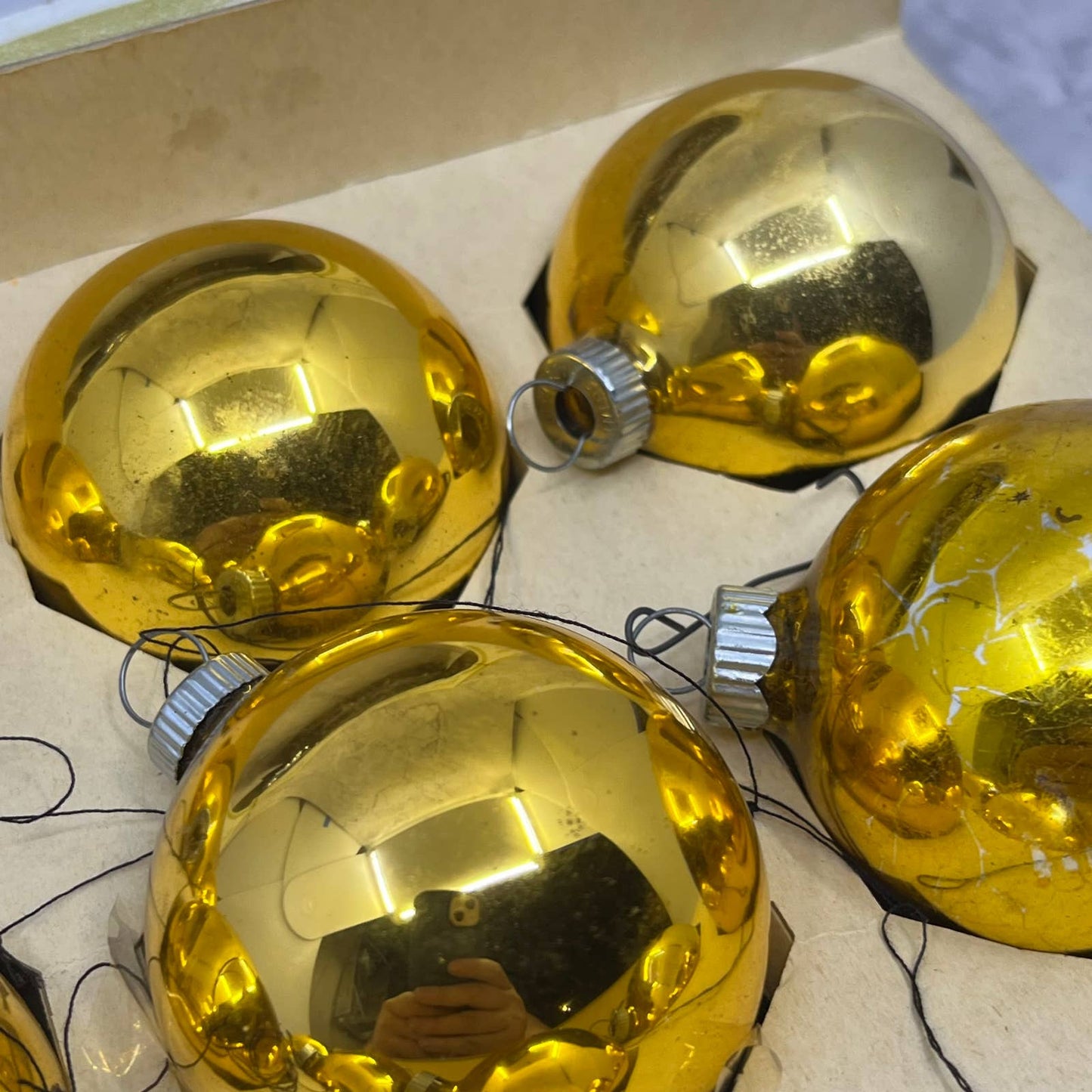 Shiny Brite 12 Vintage 2 1/4" Mercury Glass Ornaments Original Box Gold OT1