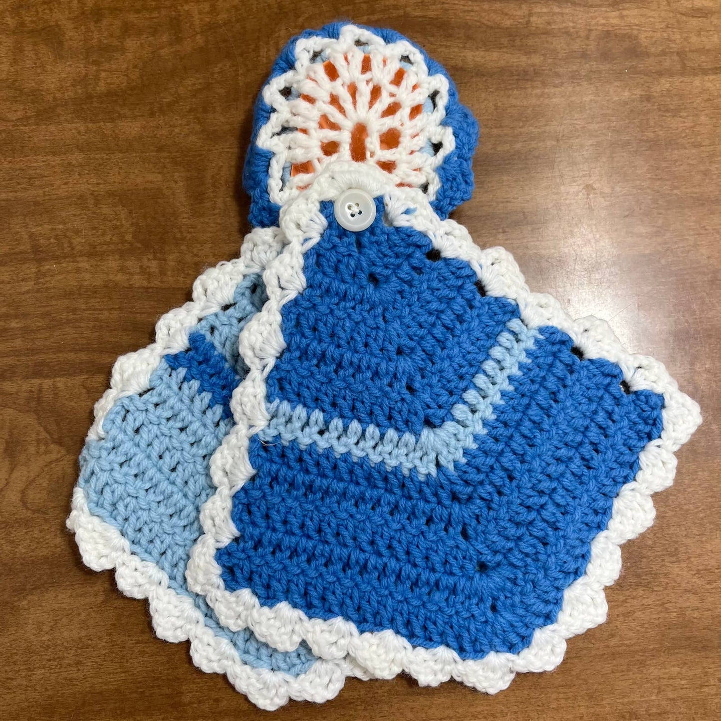 Vintage 1960s Crocheted Plastic Doll Face Pot Holders Blue White TH6