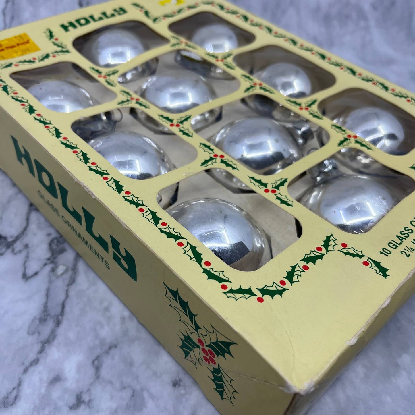 HOLLY 10 Vintage 2 1/4" Mercury Glass Ornaments Original Box Silver TJ9