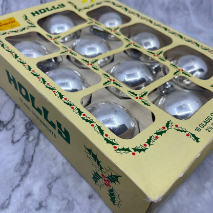 HOLLY 10 Vintage 2 1/4" Mercury Glass Ornaments Original Box Silver TJ9