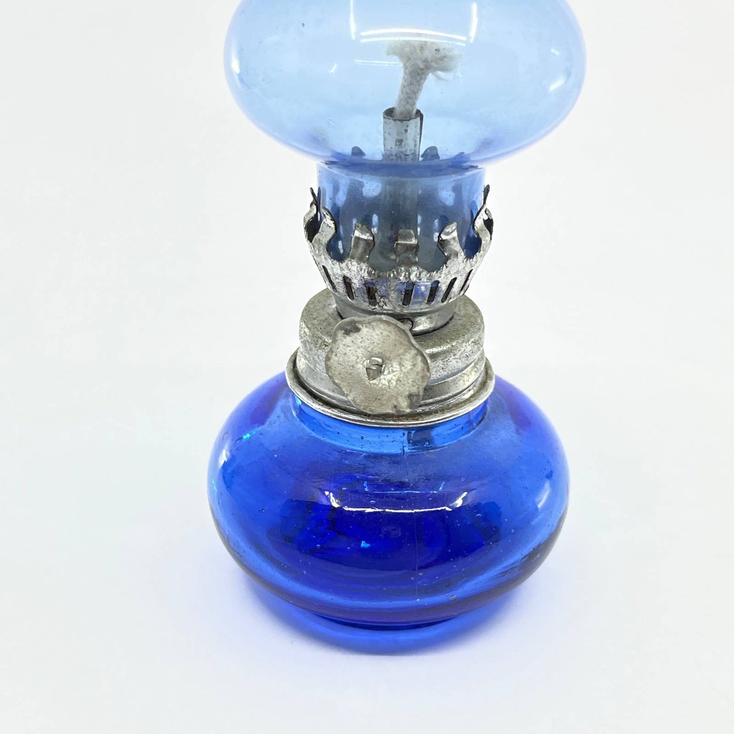 Vintage Mini Cobalt Blue Glass Kerosene Oil Lamp 4.5" TC7-1