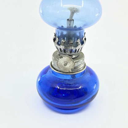 Vintage Mini Cobalt Blue Glass Kerosene Oil Lamp 4.5" TC7-1