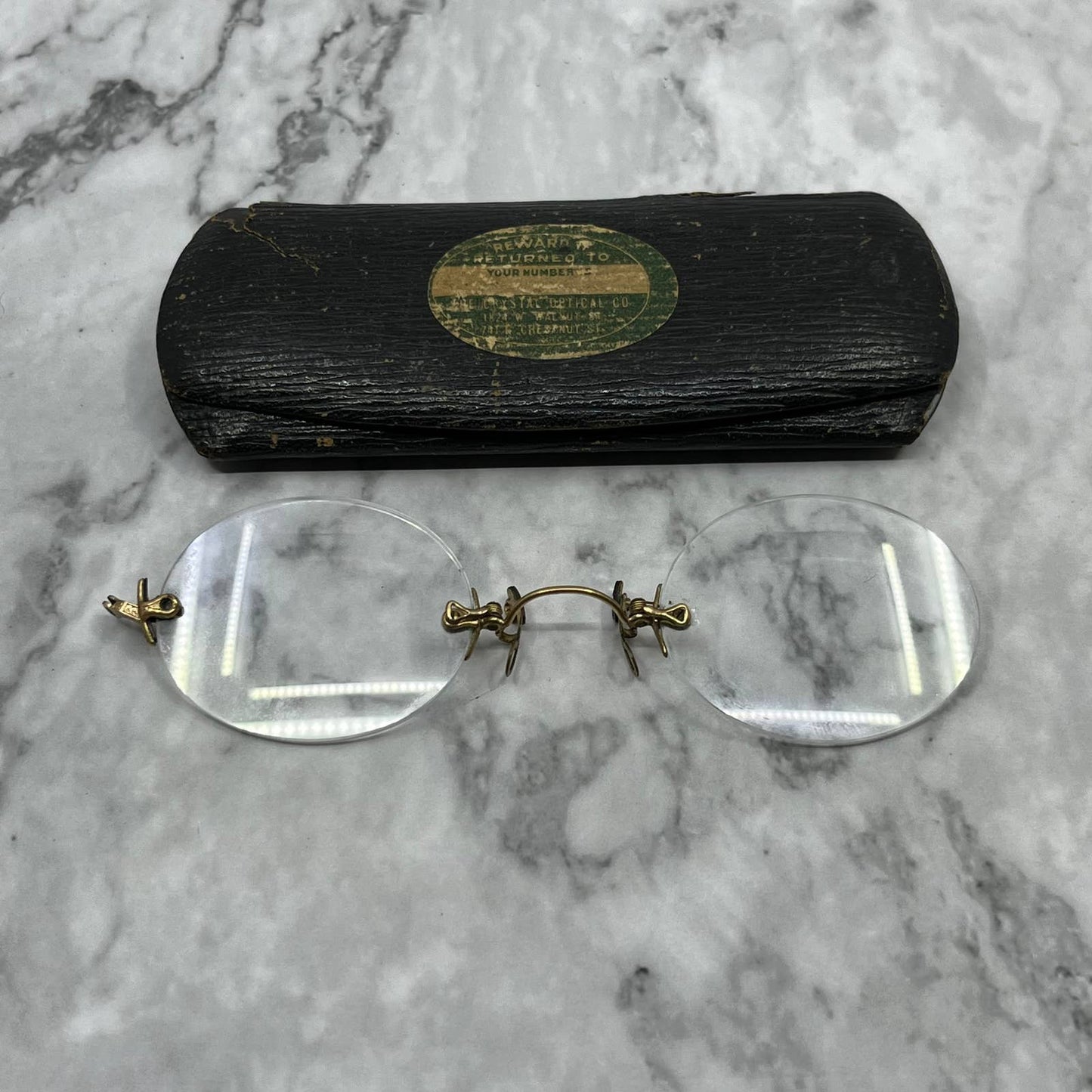 Antique Pince Nez Rimless Armless Gold Filled Eyeglasses w/ Case SE9