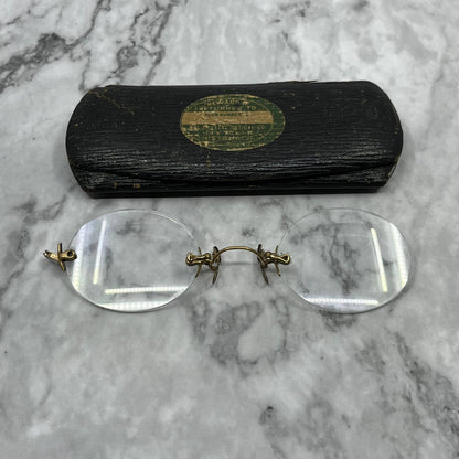 Antique Pince Nez Rimless Armless Gold Filled Eyeglasses w/ Case SE9