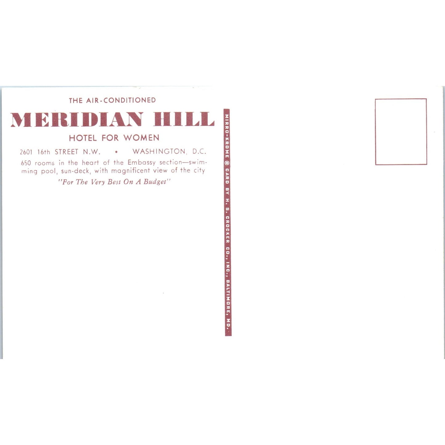 Meridian Hotel for Women Washington D.C. Original Postcard P1-16
