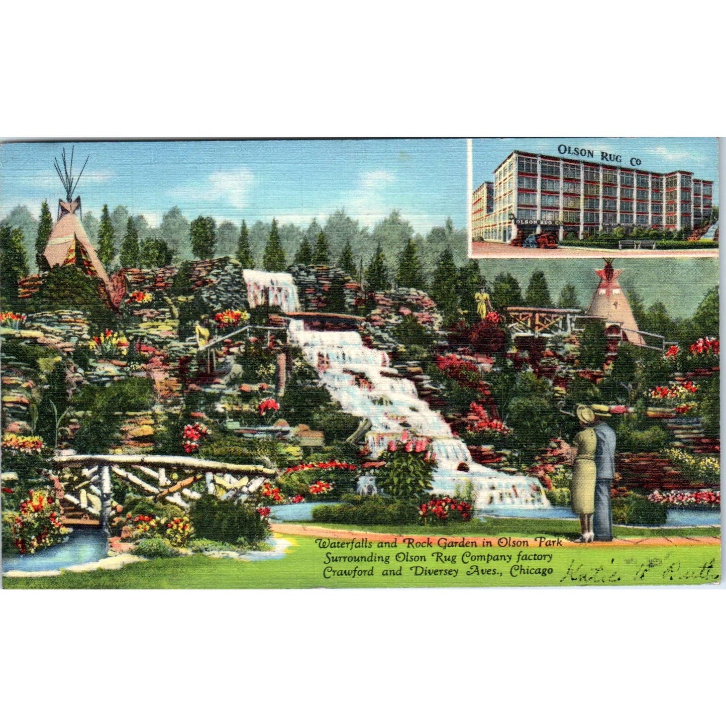 Vintage Postcard Waterfalls & Rock Garden In Olson Park Chicago EA3
