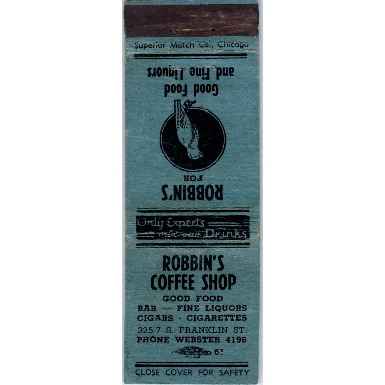 Robbins Coffee Shop Franklin St. Chicago Advertising Matchbook Cover SA1-M8