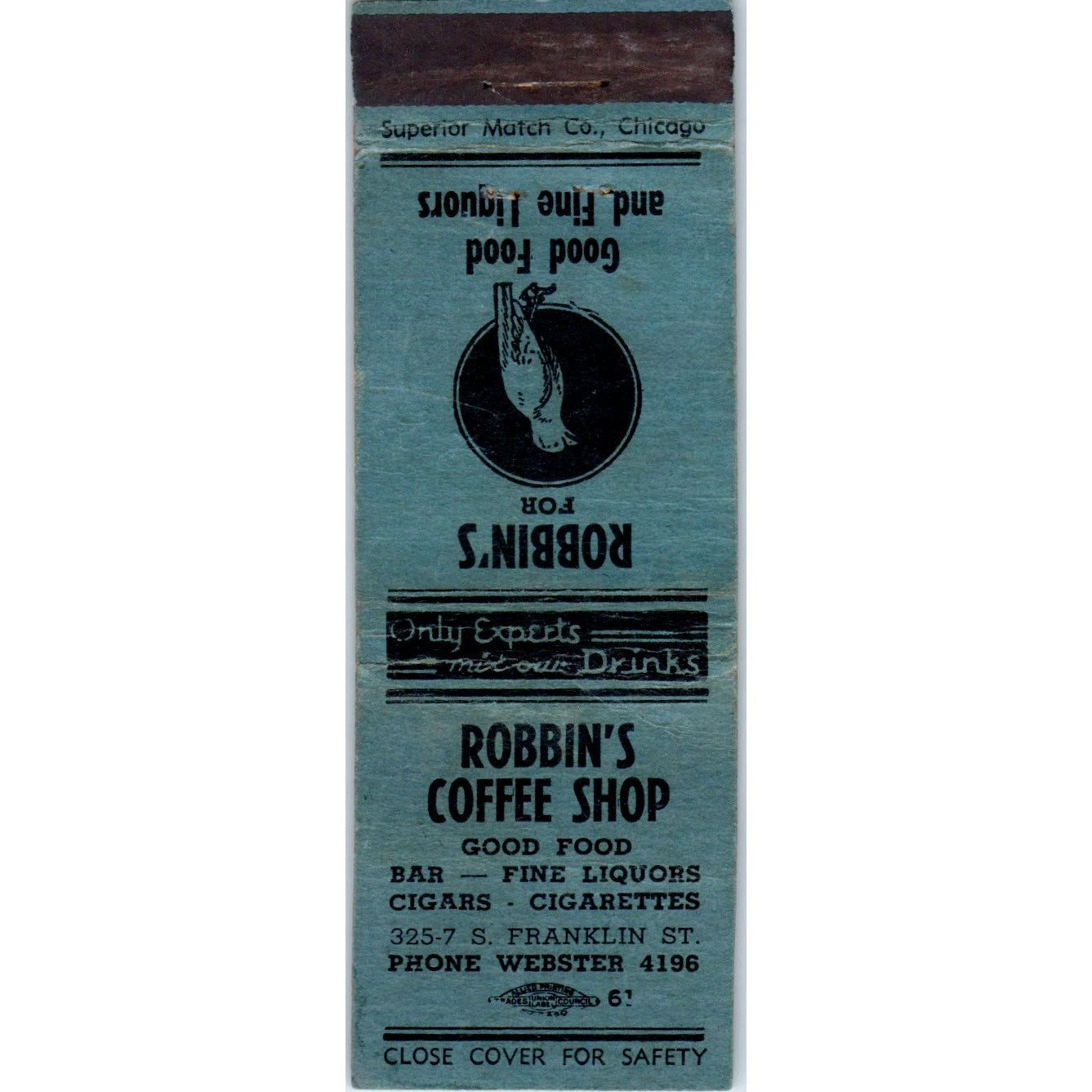 Robbins Coffee Shop Franklin St. Chicago Advertising Matchbook Cover MM9-8