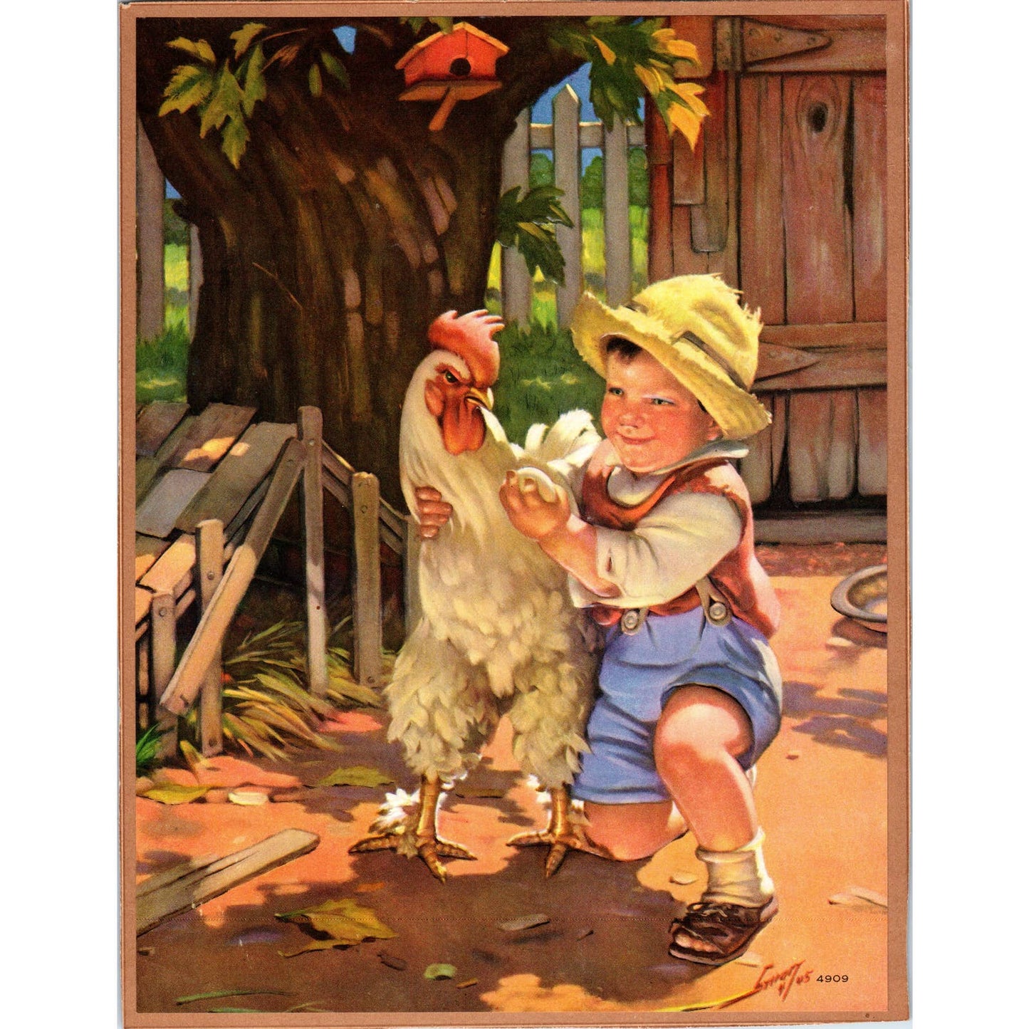 Vintage Raymond James Stuart Embossed Art Print Boy Farm Chicken 8x10 TJ1-2