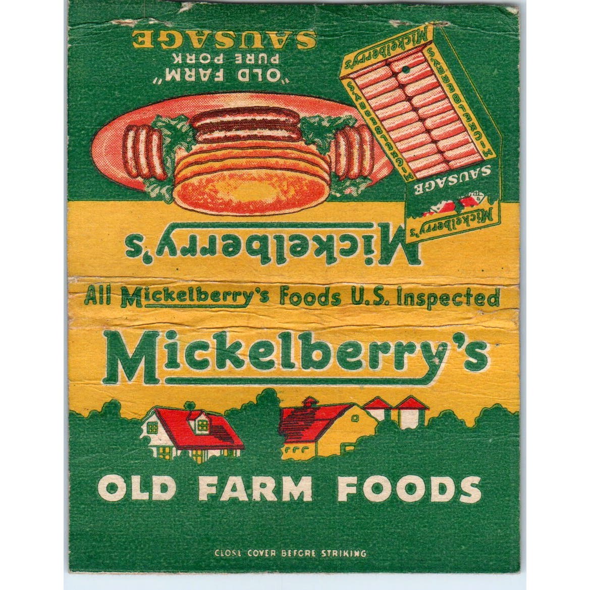 Mickelberry's Old Farm Pure Pork Sausage Wide Advertising Matchbook Cover SA9-M7