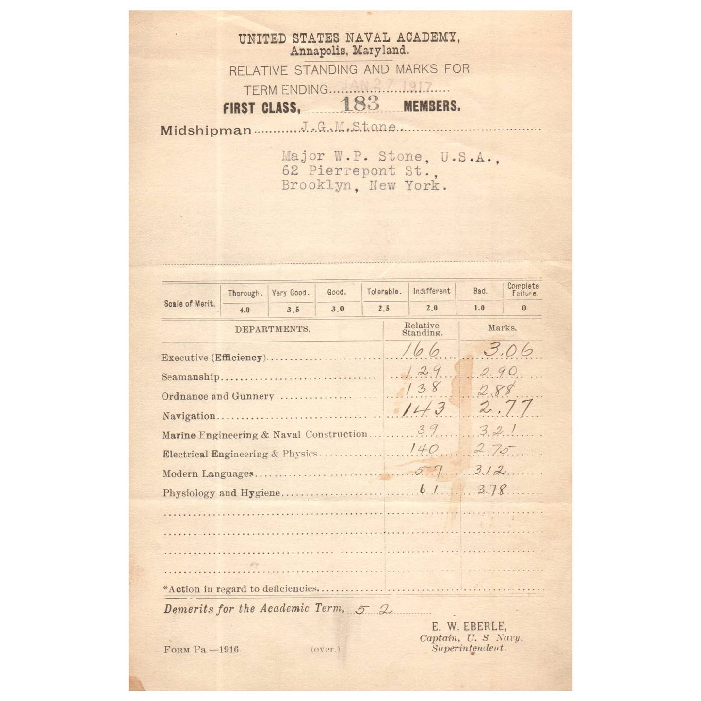 1917 Jan WWI Era US Naval Academy Midshipman JGM Stone Report Card EW Eberle AC9
