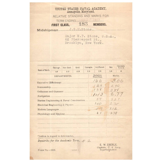 1917 Jan WWI Era US Naval Academy Midshipman JGM Stone Report Card EW Eberle AC9