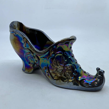 Mosser Victorian Rose Slipper Amethyst Carnival Glass Shoe Turned Up Toe 6x3 TI3