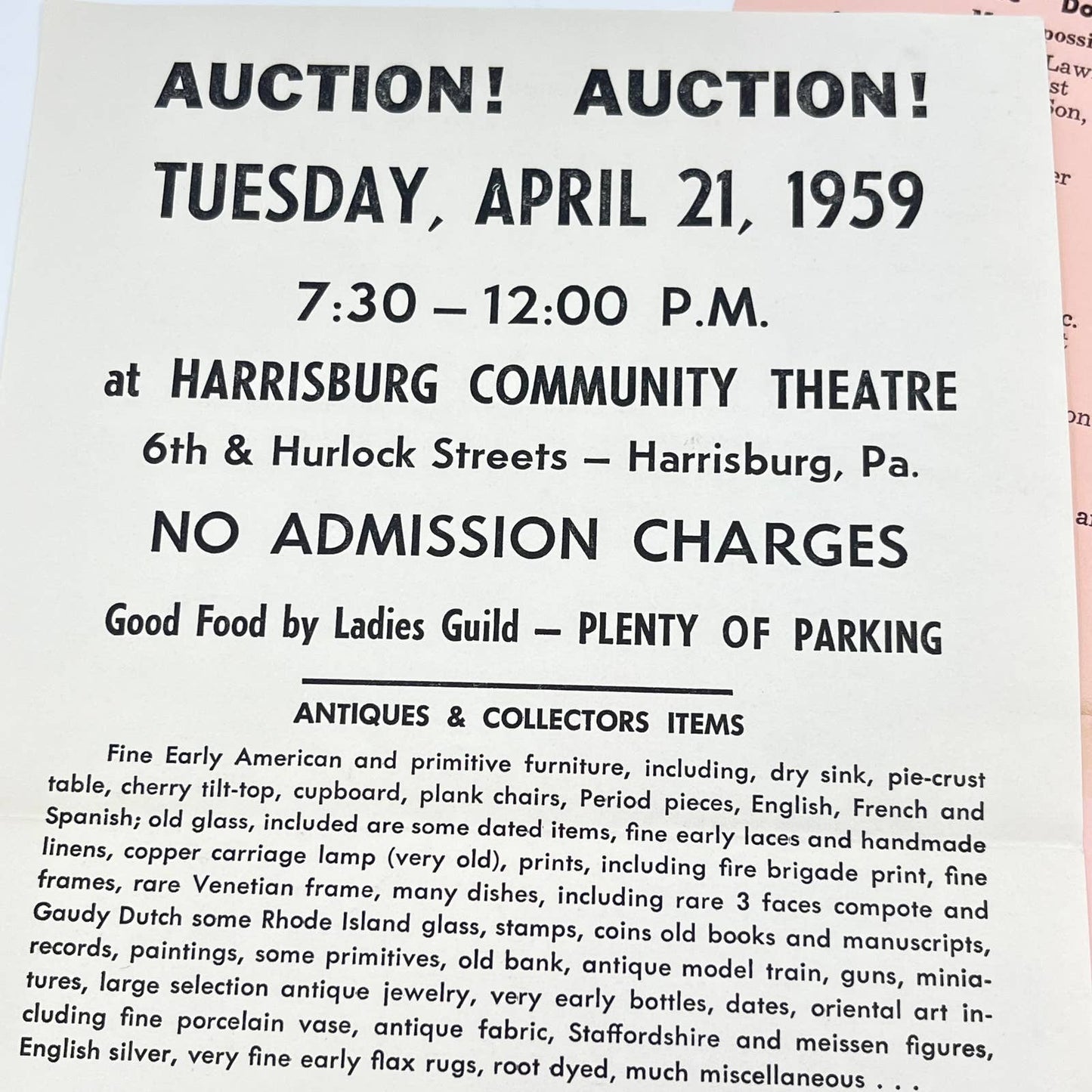 1959 Auction Promo Leaflet Harrisburg PA Community Theatre Harry Wimer AA9