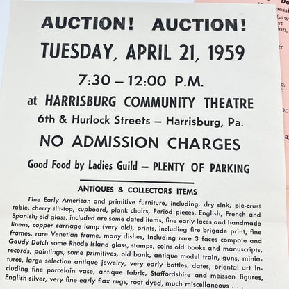 1959 Auction Promo Leaflet Harrisburg PA Community Theatre Harry Wimer AA9