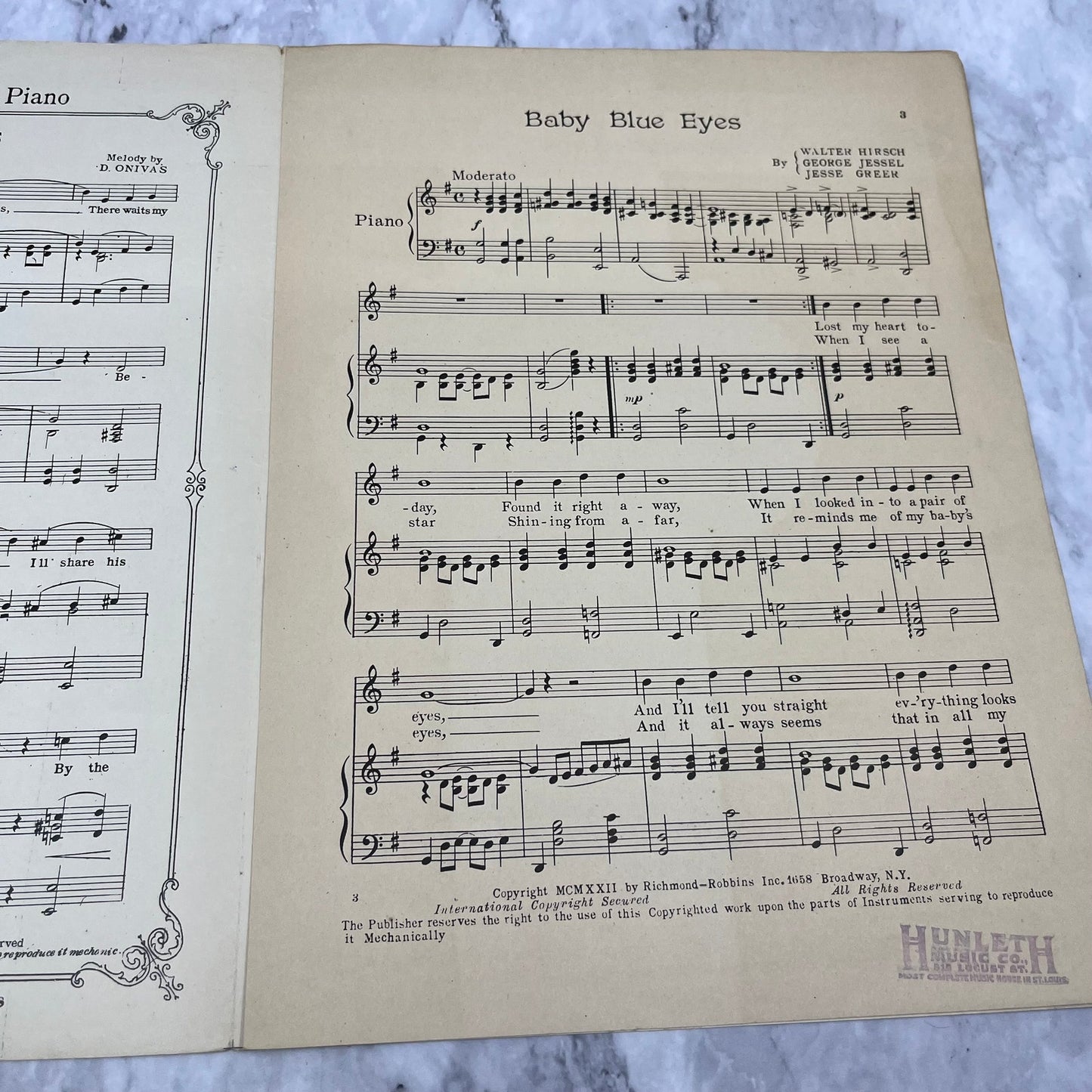 Baby Blue Eyes from Troubles of 1922 Walter Hirsch George Jessel Sheet Music V39-4