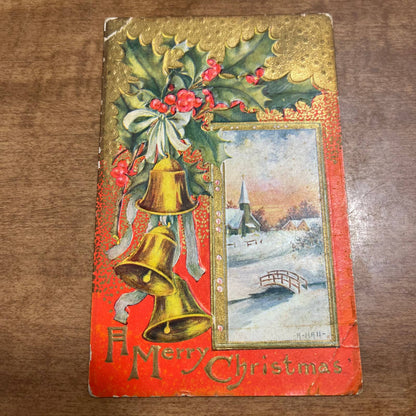 c1910 Embossed Gold Bells Holly Country Church A Merry Christmas Postcard PA2