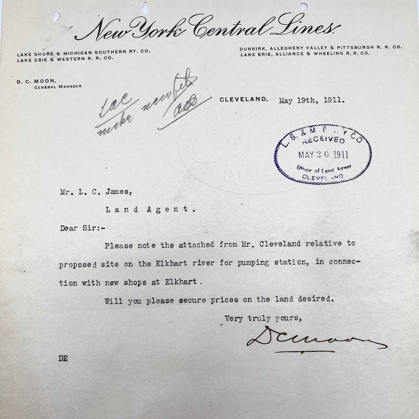 1911 The New York Central Lines Railroad RR Letterhead Memo AB1