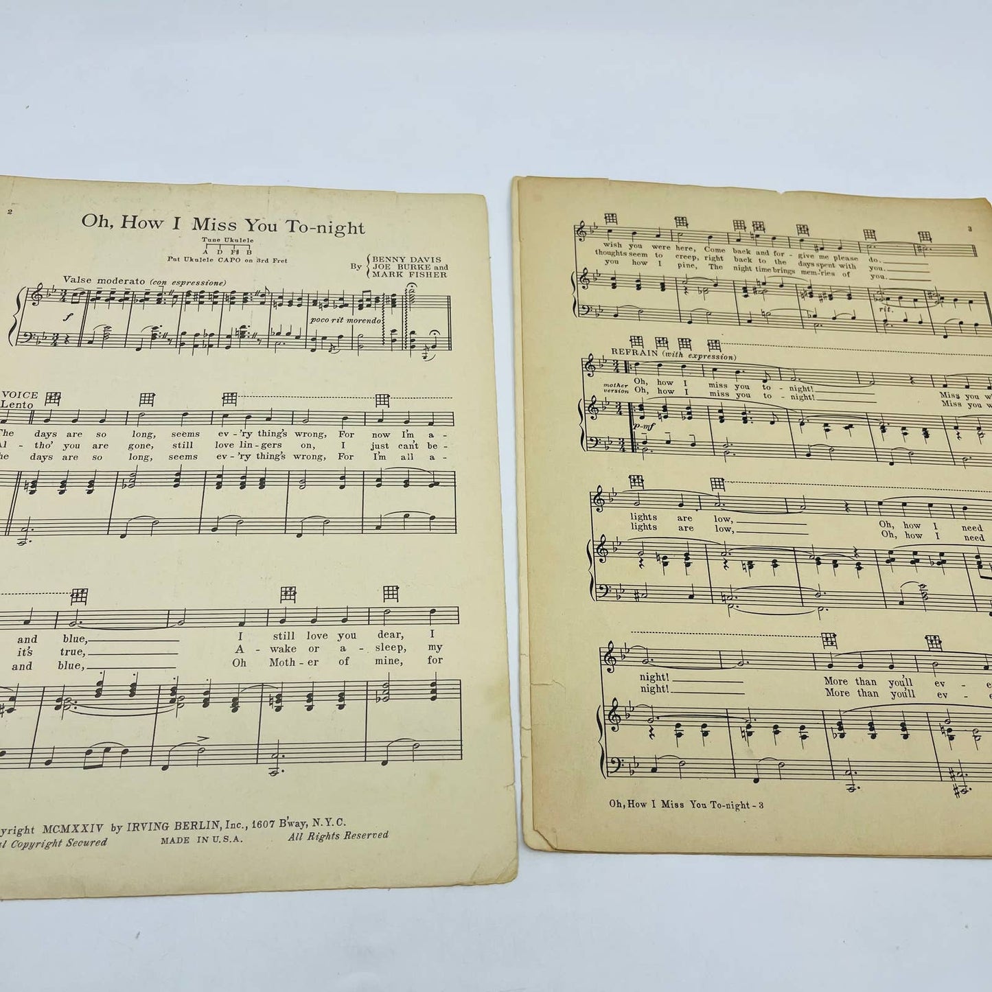 1924 Irving Berlin Oh How I Miss You Tonight Sheet Music TD6