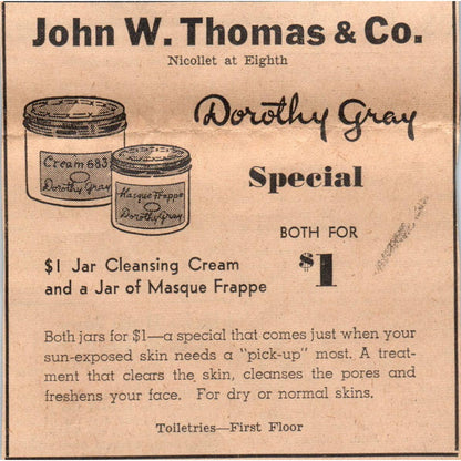 1935 Minneapolis Newspaper Ad John W. Thomas Dorothy Gray Cleansing Masque FL5-6