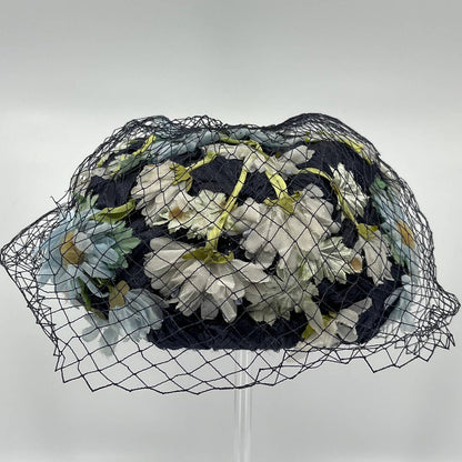 Vintage Woman’s Navy Blue Straw Cocktail Fascinator Pillbox Hat Netting HB1