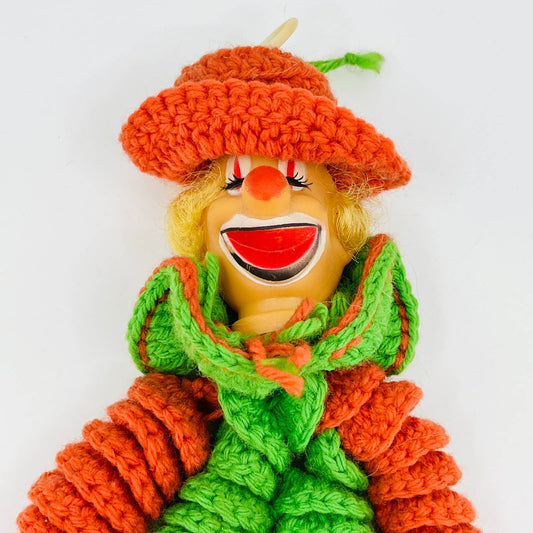 1960s Retro Kitsch Handmade Crocheted Clown Doll Toy Plastic Face 10” TB7