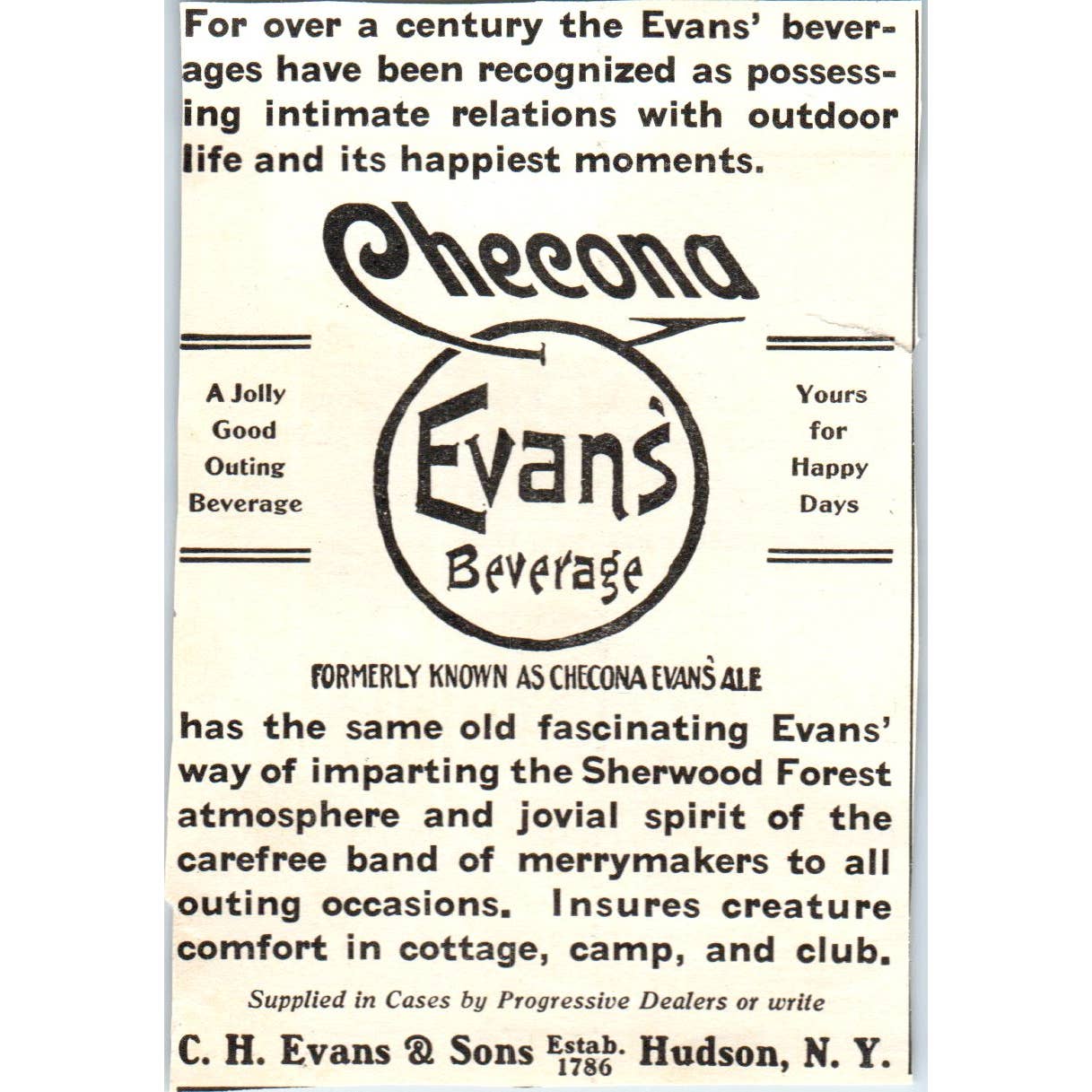 c1920 Harper's Magazine Ad - Checona Evans' Beverage C.H. Evans Hudson NY EA3-4