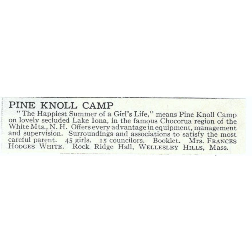 Pine Knoll Camp Lake Iona White Mts. NH Frances Hodges White - 1921 Ad TJ7-S6