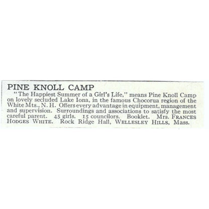 Pine Knoll Camp Lake Iona White Mts. NH Frances Hodges White - 1921 Ad TJ7-S6