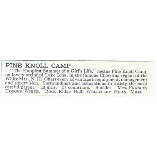 Pine Knoll Camp Lake Iona White Mts. NH Frances Hodges White - 1921 Ad TJ7-S6