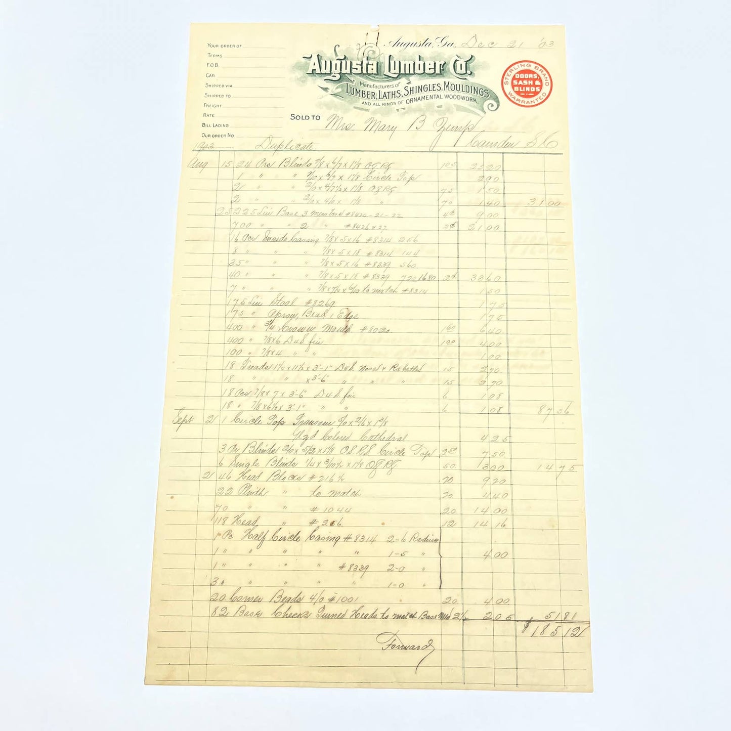 1903 Augusta Lumber Co. Letterhead Bill Head Receipt Augusta GA AB9-1