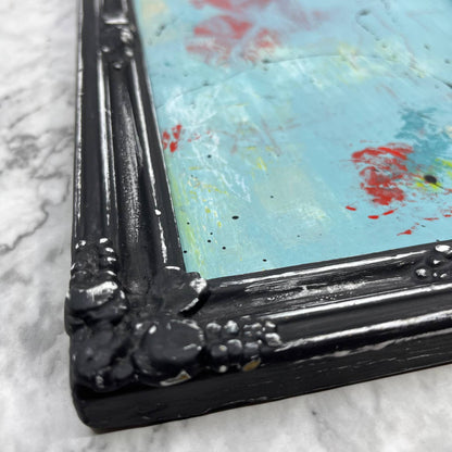 Original Framed Abstract Art Painting 14x8 “Teal in Victorian Frame” w/ COA