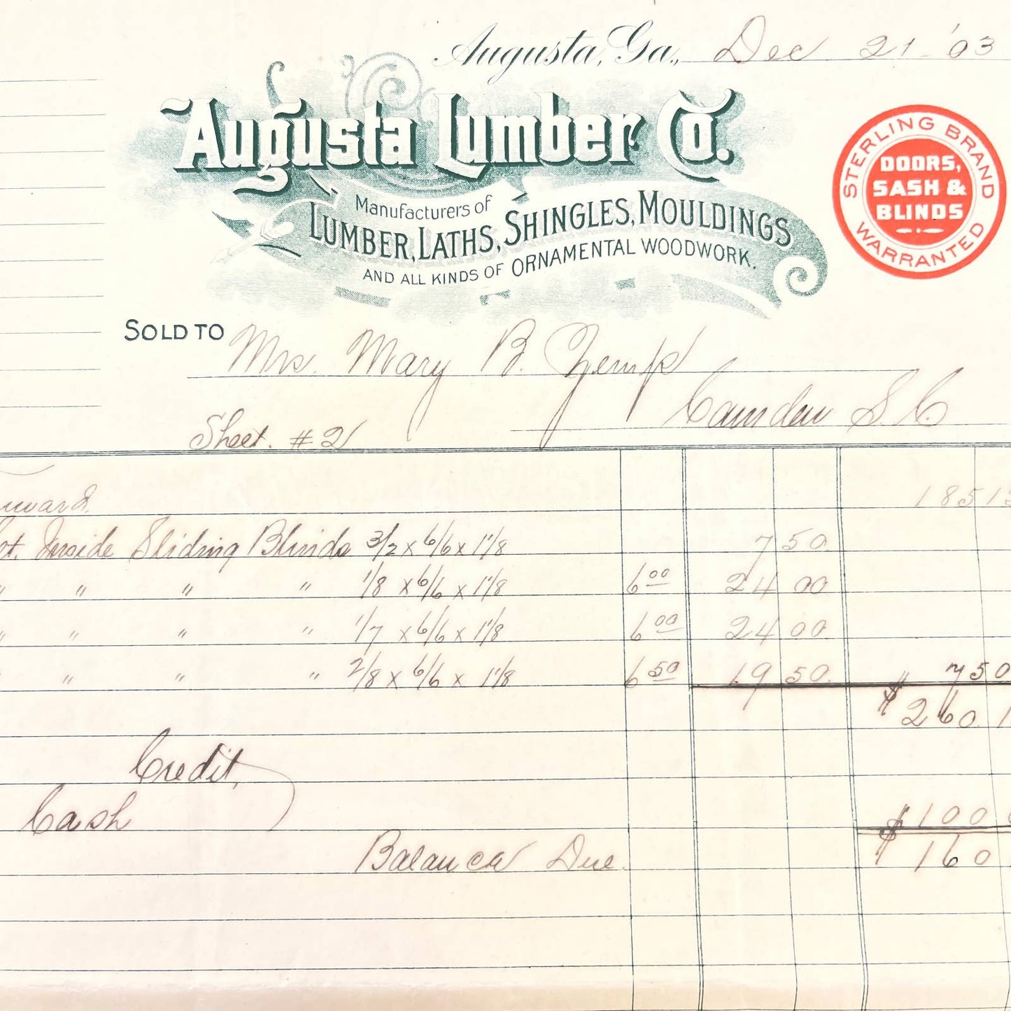 1903 Augusta Lumber Co. Letterhead Bill Head Receipt Augusta GA AB9-2