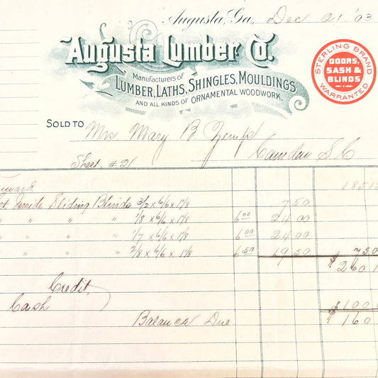 1903 Augusta Lumber Co. Letterhead Bill Head Receipt Augusta GA AB9-2