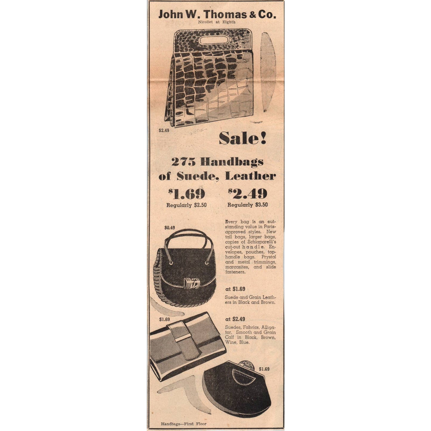 1935 Mpls Journal Newspaper Ad John W. Thomas Co Nicollet Department Store FL5-3