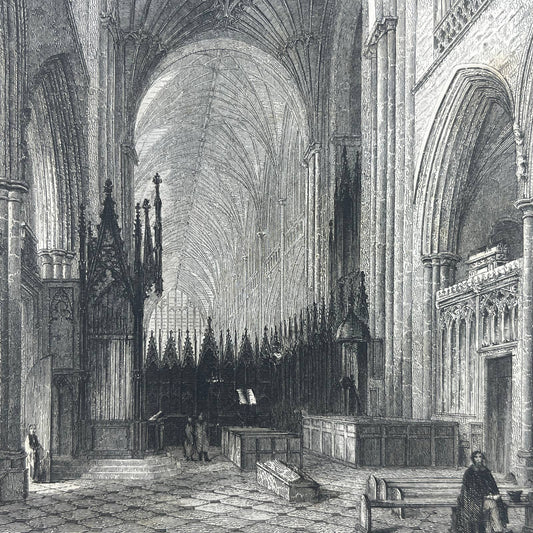 1836 Original Art Engraving Winchester Cathedral View of the Choir AC6