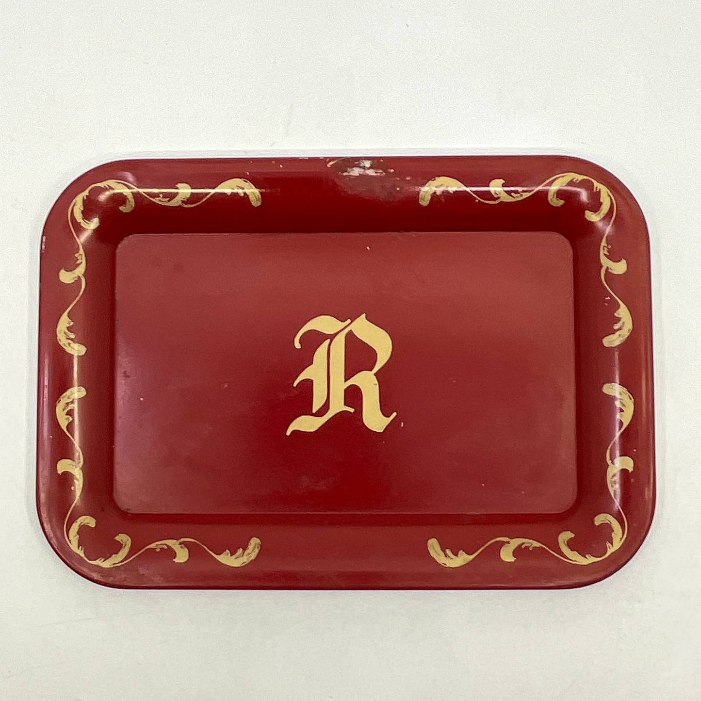 Vintage Small Tin Toleware Tray Monogrammed “R” Red ~6.5x4.5” TH2-4