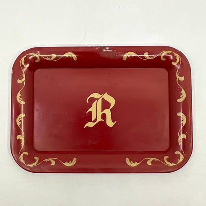Vintage Small Tin Toleware Tray Monogrammed “R” Red ~6.5x4.5” TH2-4