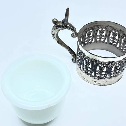 Antique Shaving Mug Silver Plated Filigree With Milk Glass