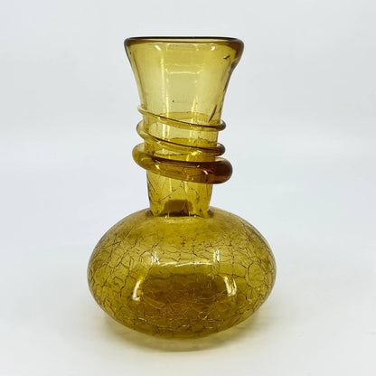 Vintage Blenko Crackle Golden Honey Amber Art Glass Vase 5.5” TE3