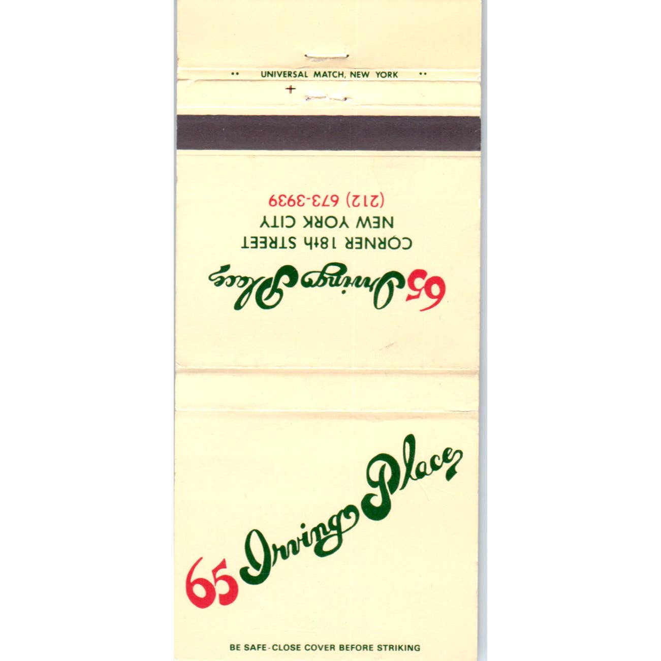 65 Irving Place New York City Advertising Matchbook Cover SA1-M11