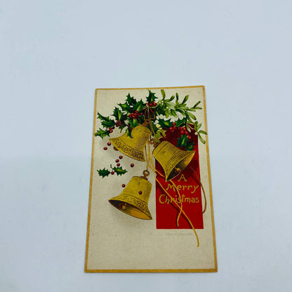 1910s Christmas Post Card Embossed Bells Holly Ellen Clapsaddle PA4