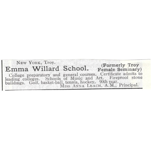 Emma Willard School Anna Leach Troy New York - 1903 Original Ad AK5-S29