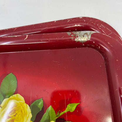Vintage Toleware Red Metal Tray Yellow Rose Flowers 11x14" Set Of 3 TI4