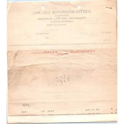 1951 Keith-Simmons Co Inc Billhead Receipt Hardware & Mill Nashville TN AD5-3